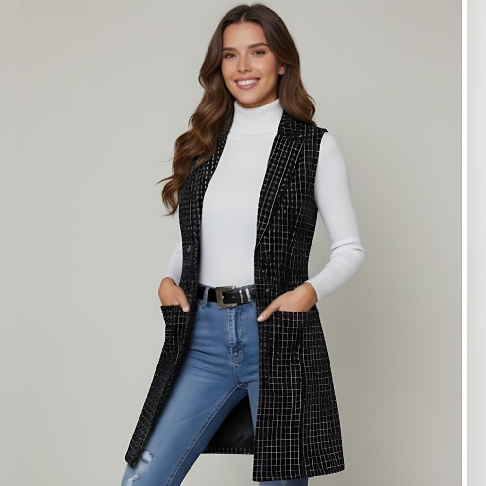 Black/White Plaid Double Breasted Lapel Collar Vest Coat